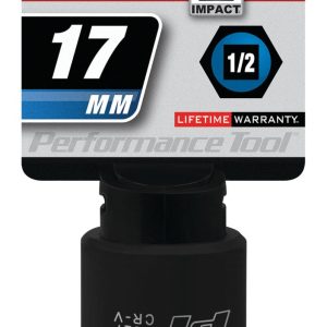 Performance Tool Socket, 1/2 Inch Drive, 17 Millimeter, Metric, Impact Socket, 6 Point, Chrome Vanadium Steel, Single – M827