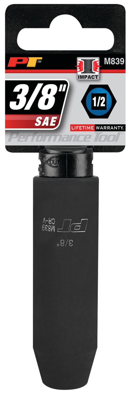 Performance Tool Socket, 1/2 Inch Drive, 3/8 Inch, Standard, Deep Impact Socket, 6 Point, Chrome Vanadium Steel, Single – M839