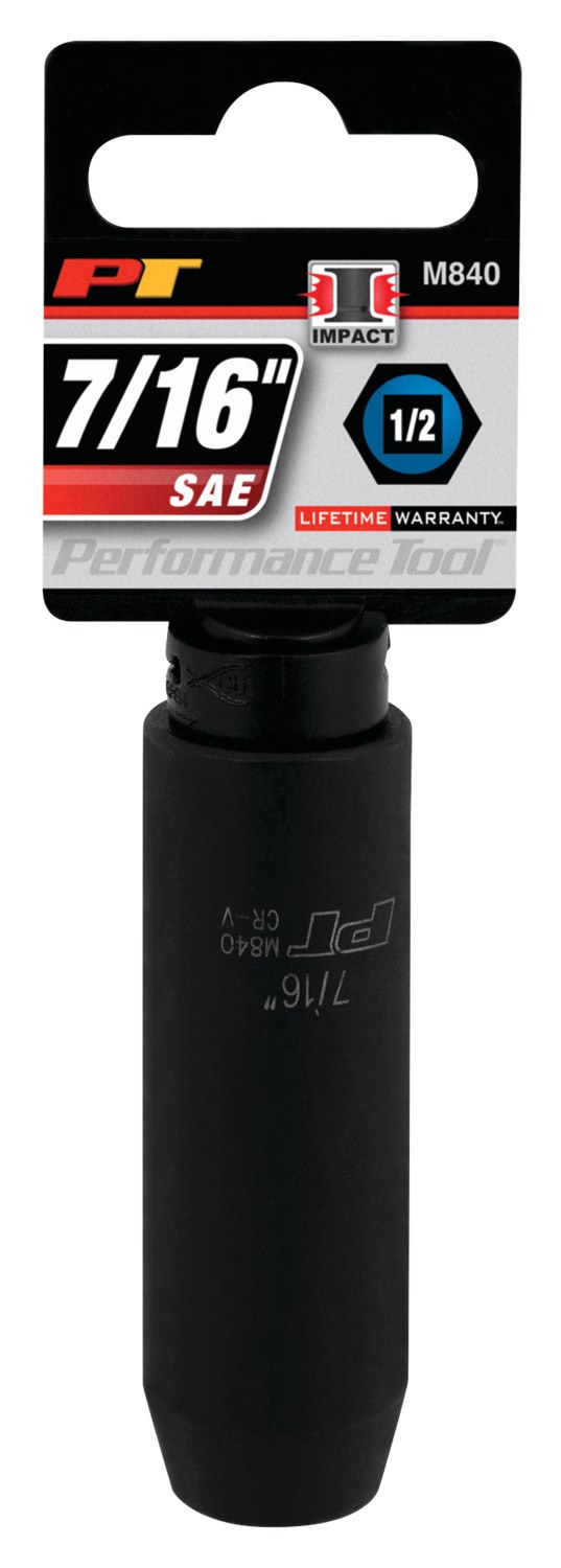 Performance Tool Socket, 1/2 Inch Drive, 7/16 Inch, Standard, Deep Impact Socket, 6 Point, Chrome Vanadium Steel, Single – M840