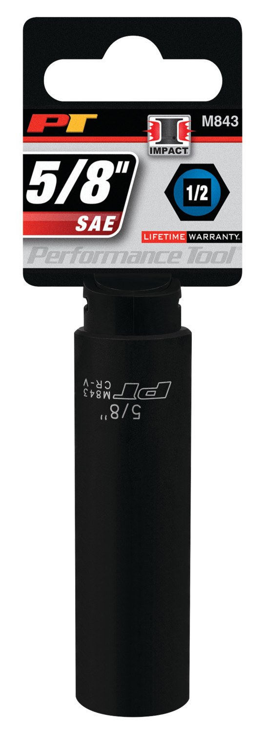 Performance Tool Socket, 1/2 Inch Drive, 5/8 Inch, Standard, Deep Impact Socket, 6 Point, Chrome Vanadium Steel, Single – M843