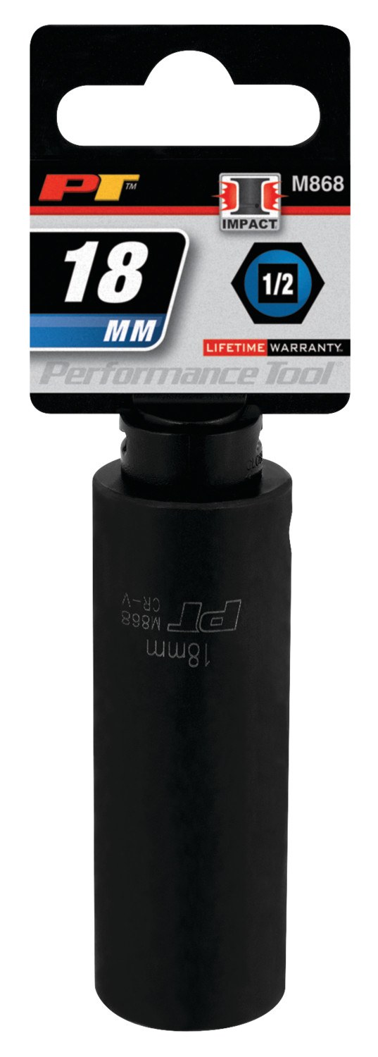 Performance Tool Socket, 1/2 Inch Drive, 18 Millimeter, Metric, Deep Impact Socket, 6 Point, Chrome Vanadium Steel, Single – M868