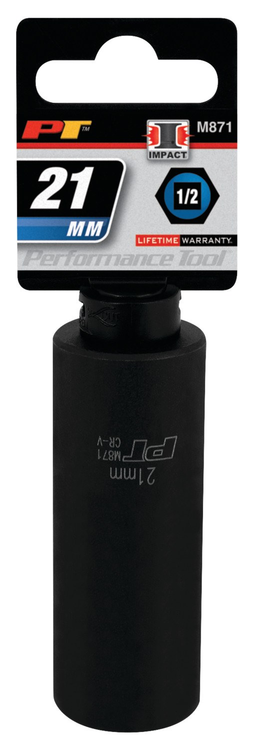 Performance Tool Socket, 1/2 Inch Drive, 21 Millimeter, Metric, Deep Impact Socket, 6 Point, Chrome Vanadium Steel, Single – M871