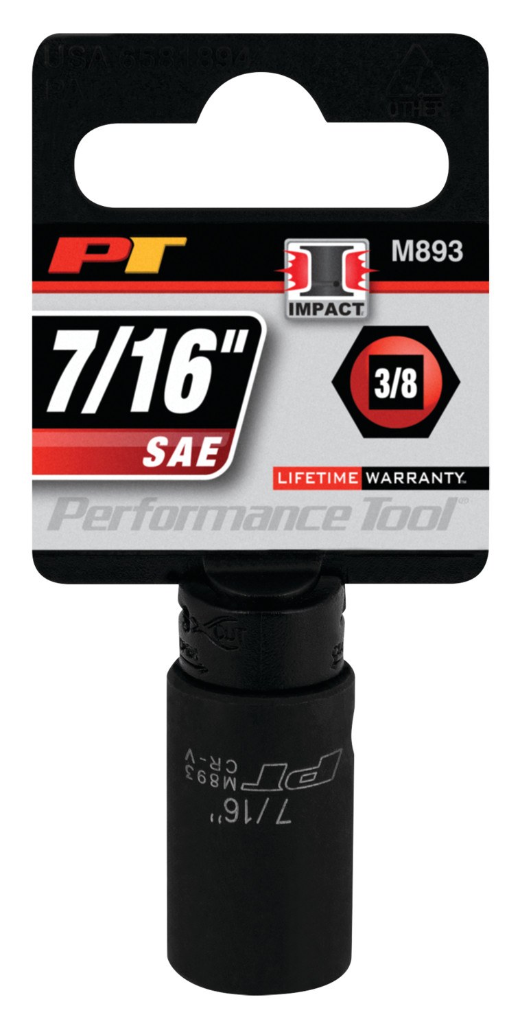 Performance Tool Socket, 3/8 Inch Drive, 7/16 Inch, Standard, Impact Socket, 6 Point, Chrome Vanadium Steel, Single – M893