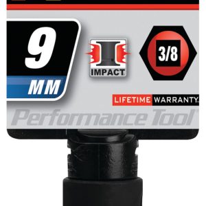 Performance Tool Socket, 3/8 Inch Drive, 9 Millimeter, Metric, Impact Socket, 6 Point, Chrome Vanadium Steel, Single – M909