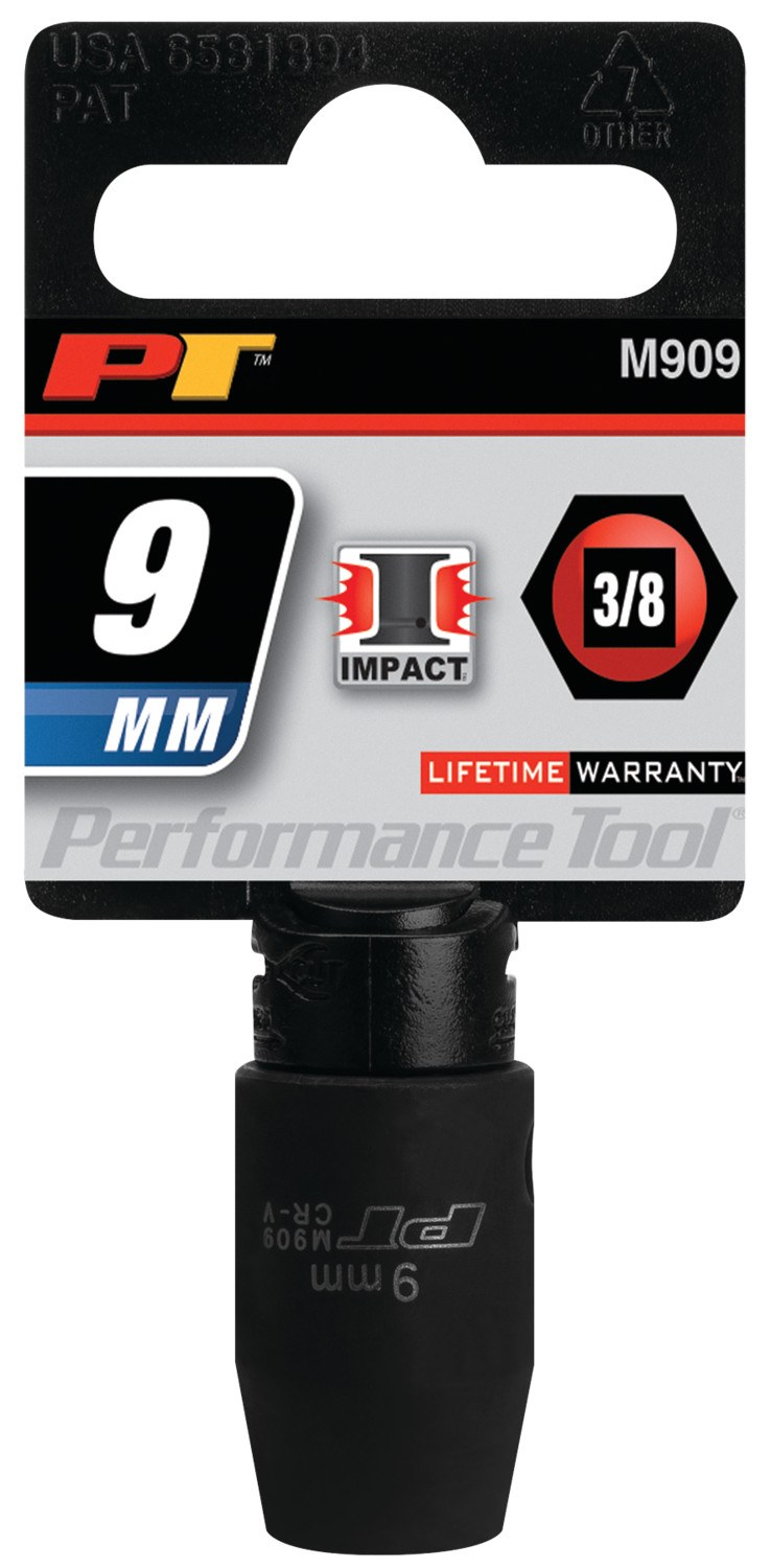 Performance Tool Socket, 3/8 Inch Drive, 9 Millimeter, Metric, Impact Socket, 6 Point, Chrome Vanadium Steel, Single – M909