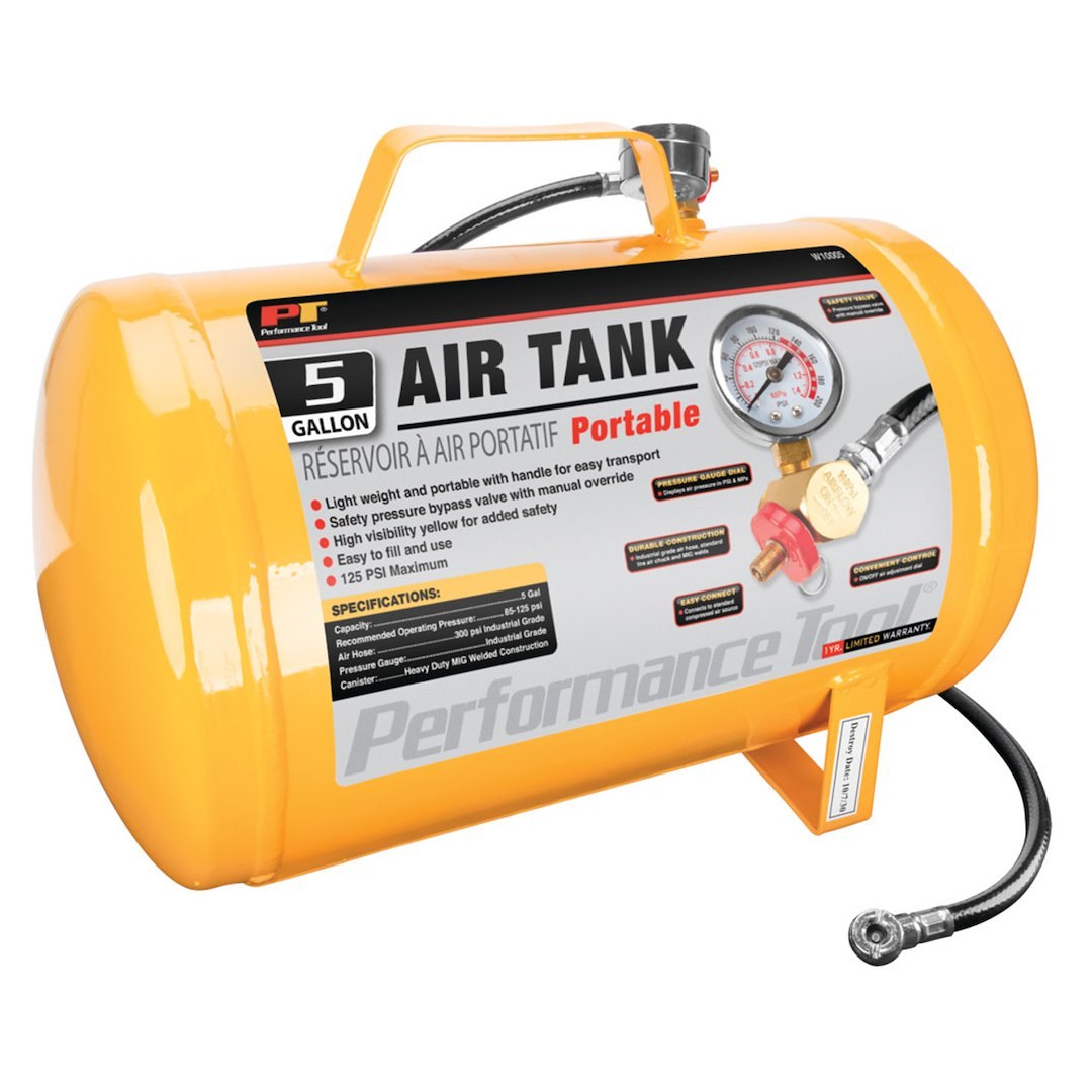 Performance Tool Air Tank, 5 Gallon, Yellow, With Handle, 125 Maximum PSI, Safety Pressure Bypass Valve with Manual Override – W10005