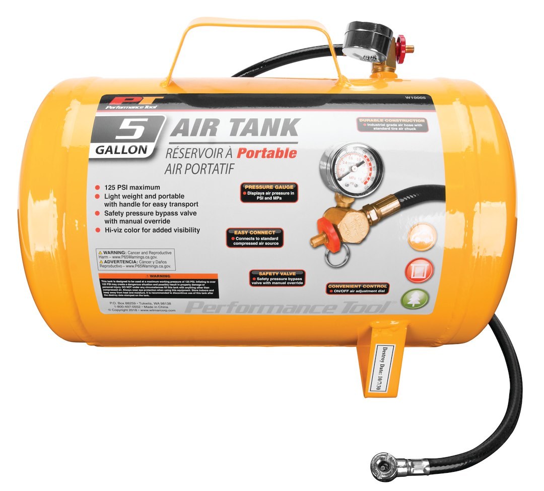 Performance Tool Air Tank, 5 Gallon, Yellow, With Handle, 125 Maximum PSI, Safety Pressure Bypass Valve with Manual Override – W10005