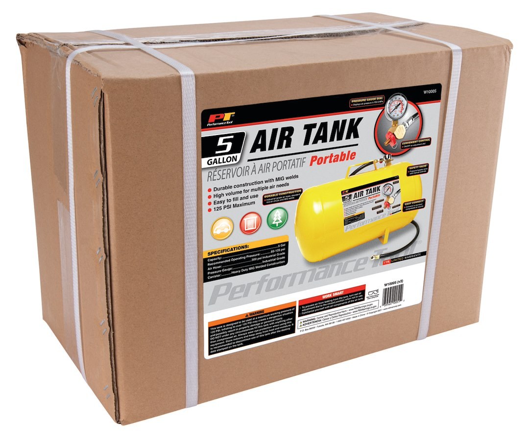 Performance Tool Air Tank, 5 Gallon, Yellow, With Handle, 125 Maximum PSI, Safety Pressure Bypass Valve with Manual Override – W10005
