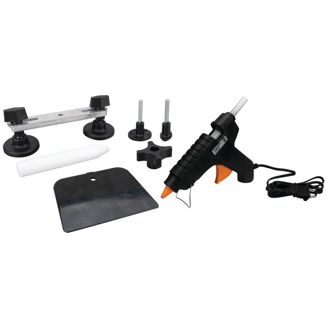 Performance Tool Dent Puller, Crossbar, With Glue Gun/ Glue Sticks/ Dent Lifters/ Dowel Finishing Tool/ Bottle/ Plastic Scraper – W1008