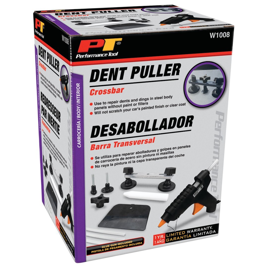 Performance Tool Dent Puller, Crossbar, With Glue Gun/ Glue Sticks/ Dent Lifters/ Dowel Finishing Tool/ Bottle/ Plastic Scraper – W1008
