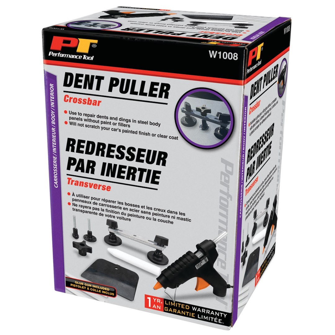 Performance Tool Dent Puller, Crossbar, With Glue Gun/ Glue Sticks/ Dent Lifters/ Dowel Finishing Tool/ Bottle/ Plastic Scraper – W1008