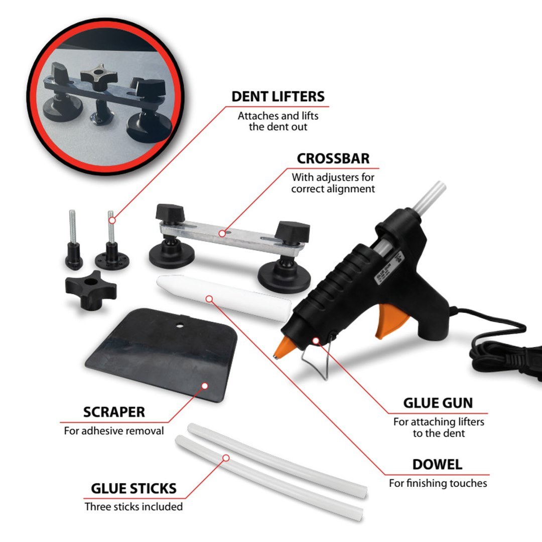 Performance Tool Dent Puller, Crossbar, With Glue Gun/ Glue Sticks/ Dent Lifters/ Dowel Finishing Tool/ Bottle/ Plastic Scraper – W1008