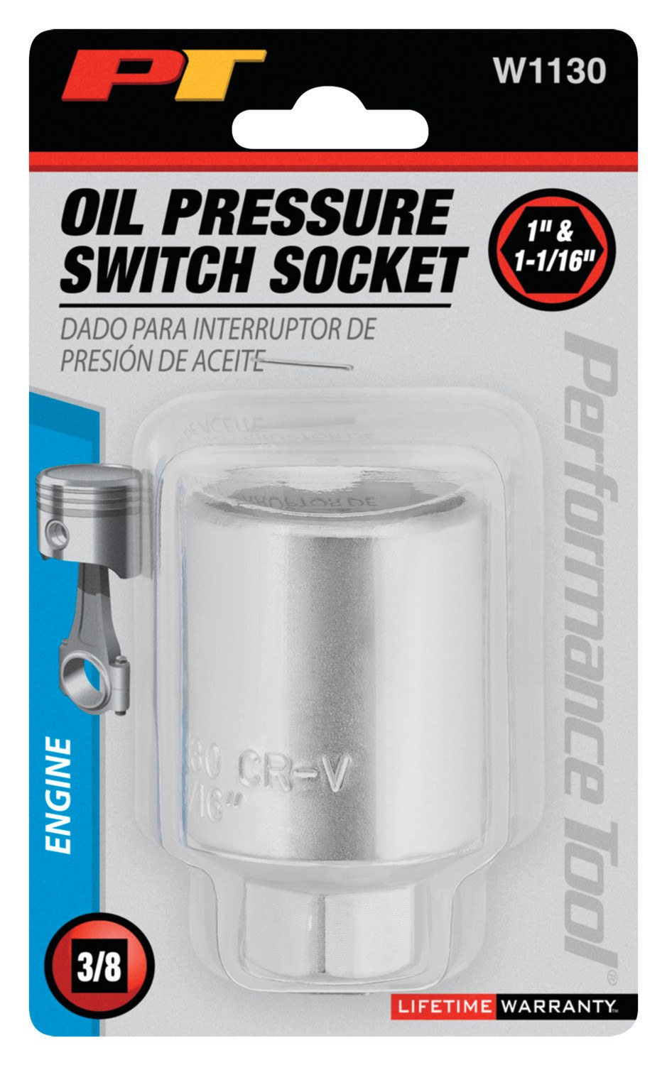 Performance Tool Socket, 3/8 Inch Drive, 1 Inch/ 1-1/16 Inch, Standard, Oil Sender Unit Socket, Chrome Plated, Chrome Vanadium Steel, Single – W1130