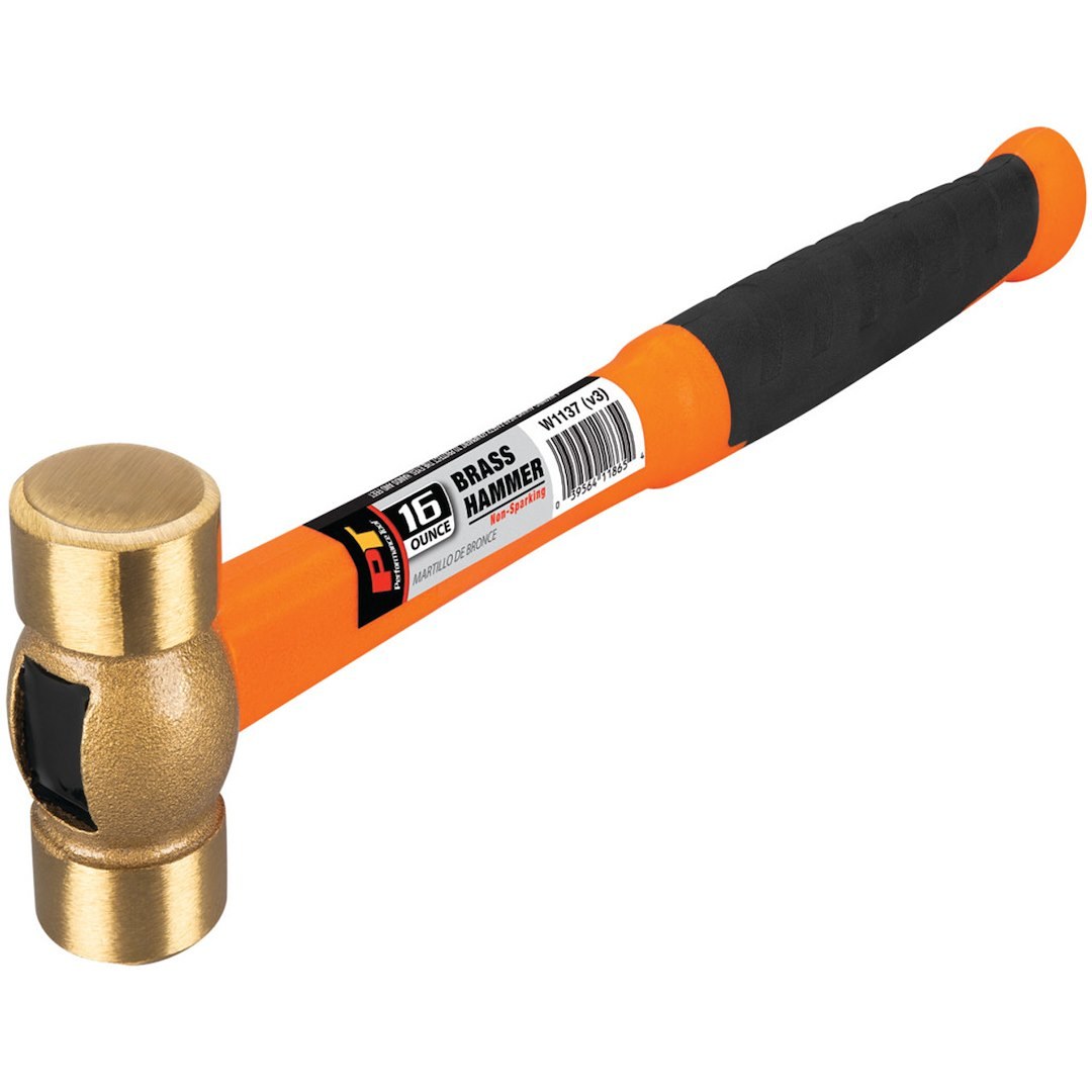 Performance Tool Hammer, 16 Ounce Weight, Solid Brass Face, 11 Inch Handle, High Visibility Fiberglass Handle with Rubber Grip – W1137