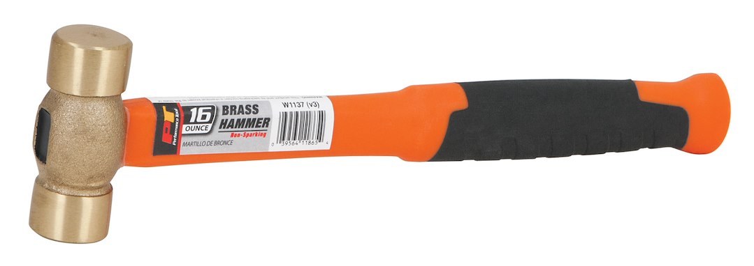 Performance Tool Hammer, 16 Ounce Weight, Solid Brass Face, 11 Inch Handle, High Visibility Fiberglass Handle with Rubber Grip – W1137