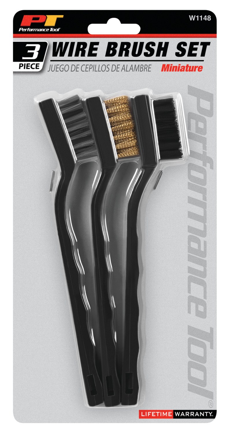 Performance Tool Parts Cleaning Brush, Used for Many Utility Cleaning Purposes, Brass/ Nylon/ Stainless Steel Bristles, Set of 3 – W1148