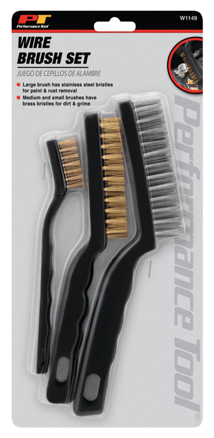 Performance Tool Parts Cleaning Brush, Use to Remove Paint/ Rust/ Dirt/ Grime, Stainless Steel/ Brass Bristle, Set of 3 – W1149
