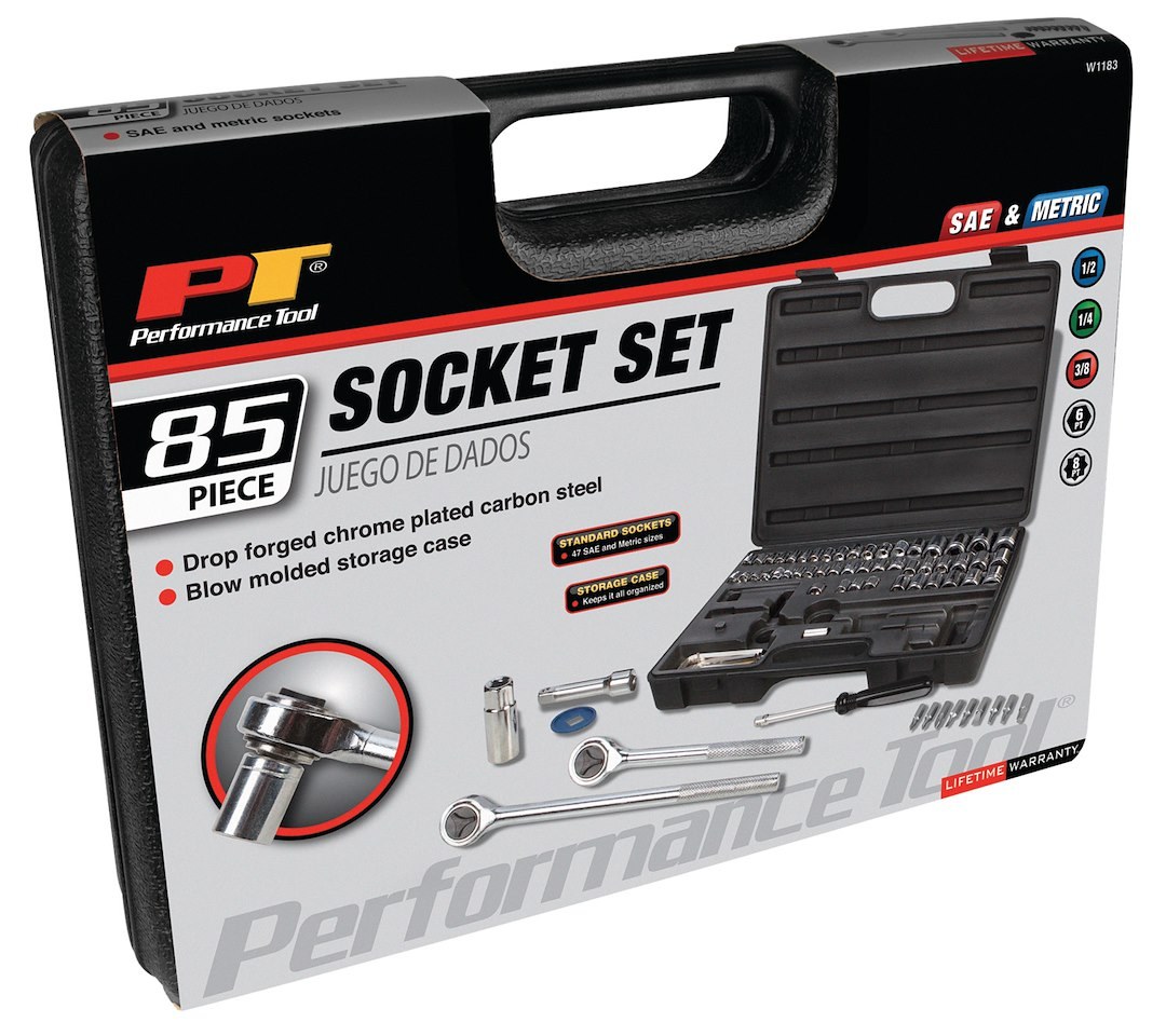 Performance Tool Socket Set, 1/4 Inch/ 3/8 Inch/ 1/2 Inch Drive, Carbon Steel – W1183