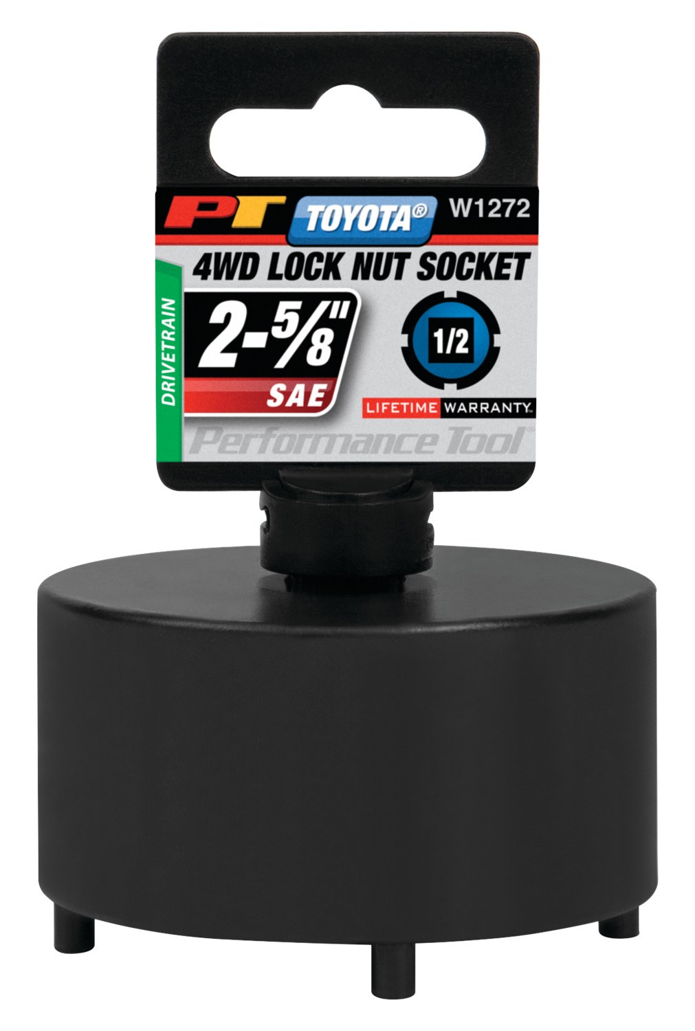 Performance Tool Spindle Nut Socket, 4-SLOT Front Axle, 1/2 Inch Drive, Black, Chrome Moly Alloy Steel – W1272