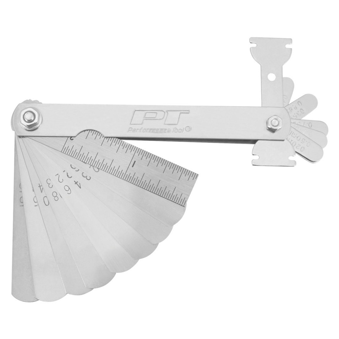 Performance Tool Feeler Gauge, 15 Blades/ 0.002 to 0.04 Inch and 0.05 to 1.02 Millimeter, 2 Inch Long Straight Blade/ 1 Inch Long Flat Blade – W129C