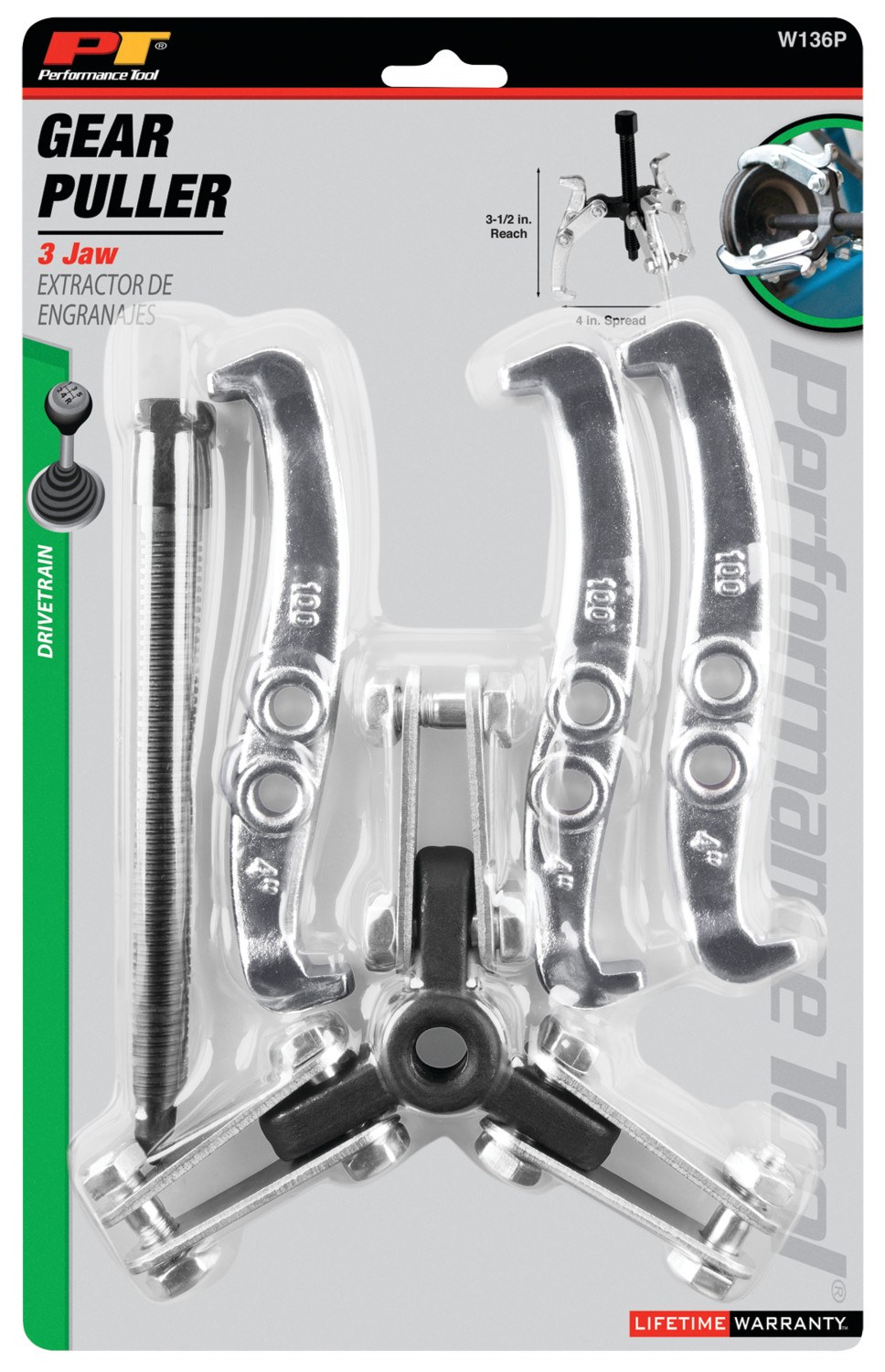 Performance Tool Gear Puller, 4 Inch Jaw Spread, 3 Jaw, Chrome Plated, Alloy Steel – W136P