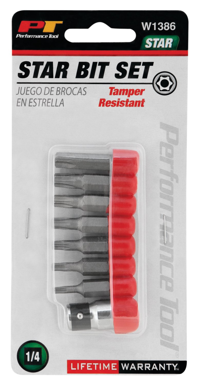 Performance Tool Torx Bit, T10/ T15/ T20/ T25/ T27/ T30/ T40 Bits, Alloy Steel, Set of 8 – W1386