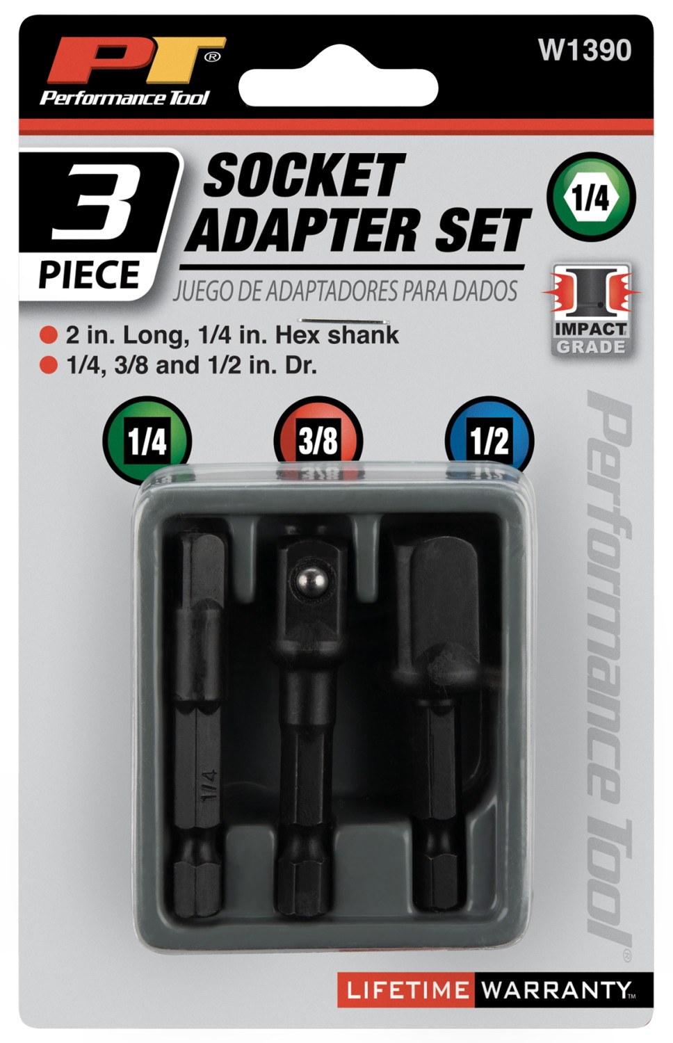 Performance Tool Drill Bit Socket Set, 1/4 Inch/ 3/8 Inch/ 1/2 Inch Drive Adapter, Chrome Vanadium Steel, Set of 3, 2 Inch Hex Shank – W1390