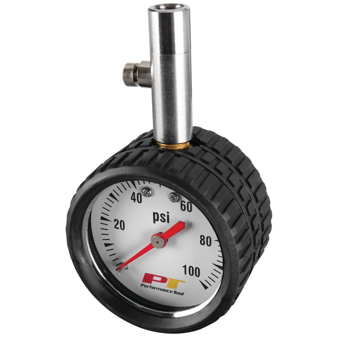 Performance Tool Tire Pressure Gauge, 2 Inch Round, 1-100 Pounds Per Square Inch (PSI), White Face, With Bleeder Valve – W1450