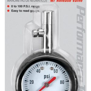 Performance Tool Tire Pressure Gauge, 2 Inch Round, 1-100 Pounds Per Square Inch (PSI), White Face, With Bleeder Valve – W1450