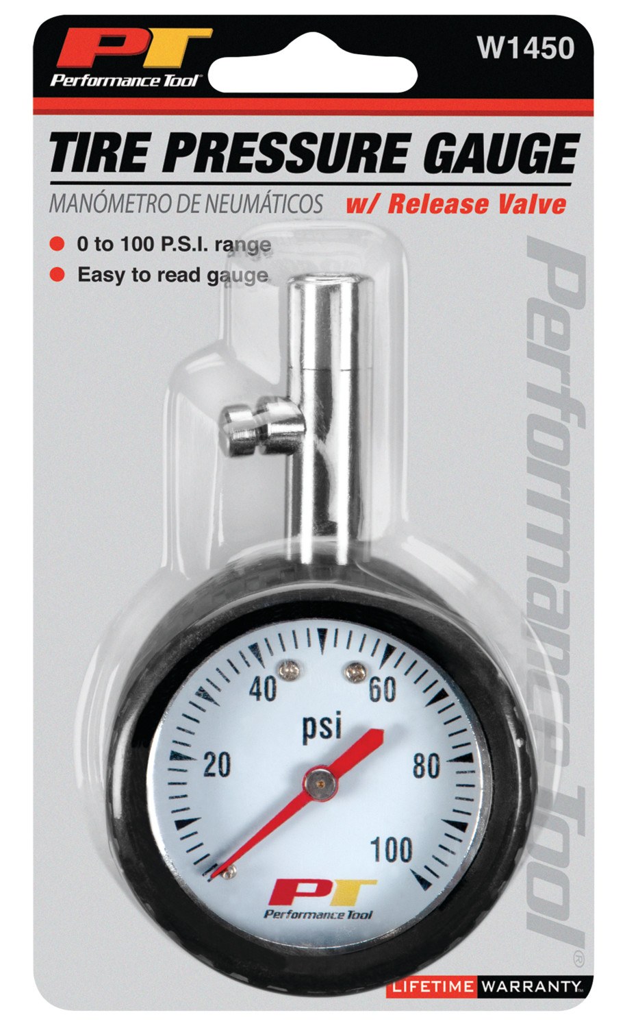 Performance Tool Tire Pressure Gauge, 2 Inch Round, 1-100 Pounds Per Square Inch (PSI), White Face, With Bleeder Valve – W1450