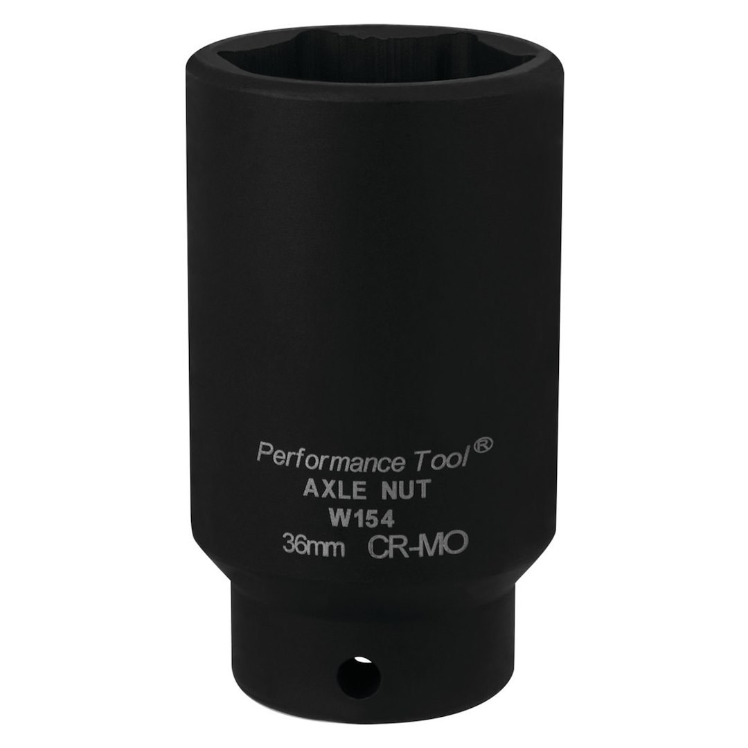 Performance Tool Socket, 1/2 Inch Drive, 36 Millimeter, Metric, Front Wheel Drive Axle Nut Socket, Black, Chrome Moly Steel, Single – W154