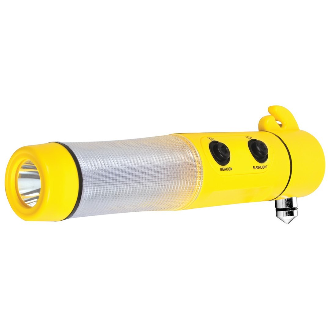 Performance Tool Emergency Hammer, LED Flashlight/ Glass Breaker/ Seat Belt Cutter/ 9 Flashing Red LED Lights, Yellow, Magnetic Base – W1553