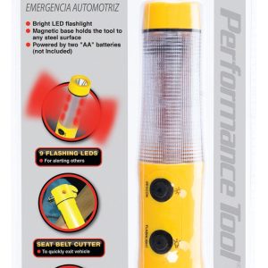 Performance Tool Emergency Hammer, LED Flashlight/ Glass Breaker/ Seat Belt Cutter/ 9 Flashing Red LED Lights, Yellow, Magnetic Base – W1553