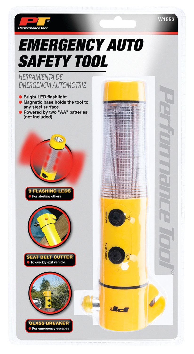 Performance Tool Emergency Hammer, LED Flashlight/ Glass Breaker/ Seat Belt Cutter/ 9 Flashing Red LED Lights, Yellow, Magnetic Base – W1553