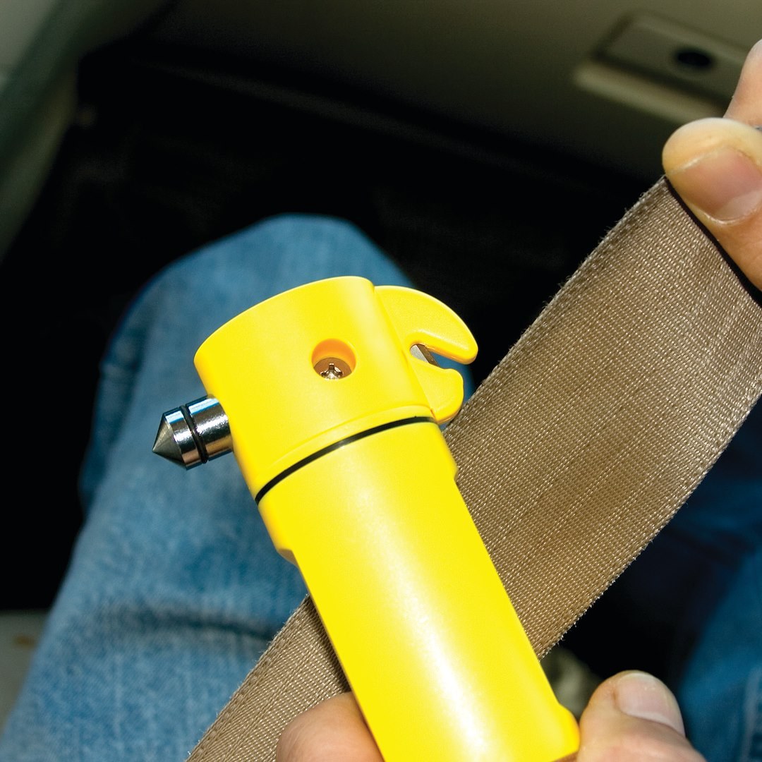Performance Tool Emergency Hammer, LED Flashlight/ Glass Breaker/ Seat Belt Cutter/ 9 Flashing Red LED Lights, Yellow, Magnetic Base – W1553