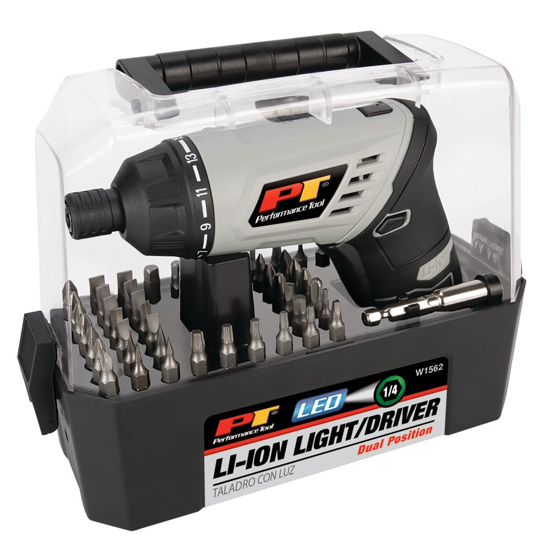 Performance Tool Drill, Cordless Electric, 2 Position Swivel Handle, 3.6 Volt 1300 Mah Lithium Ion Battery, 210 RPM, 1/4 Inch Hex Chuck – W1562