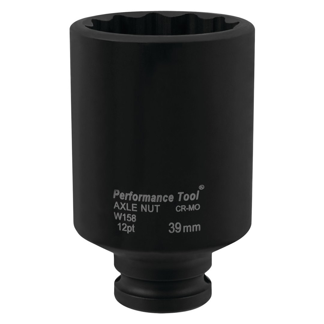 Performance Tool Socket, 1/2 Inch Drive, 39 Millimeter, Metric, Front Wheel Drive Axle Nut Socket, 12 Point, Chrome Moly Alloy Steel, Single – W158