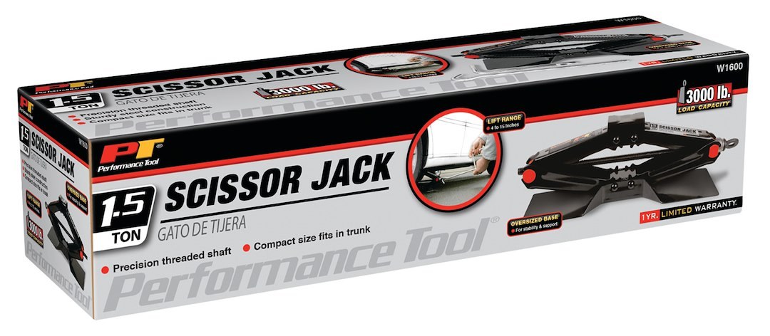 Performance Tool Jack, Scissor Jack, Mechanical, 3000 Pound Capacity, 15 Inch Max Lift Height, Black, Steel – W1600