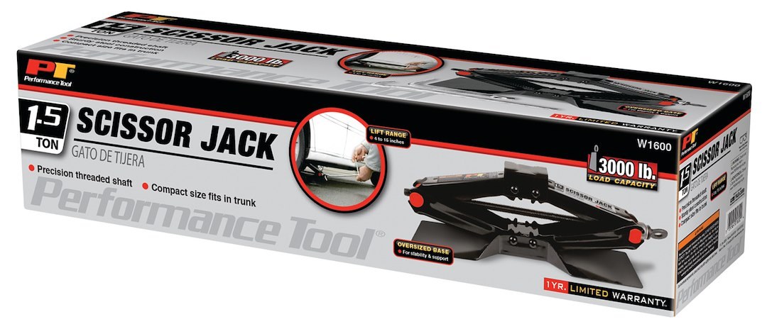 Performance Tool Jack, Scissor Jack, Mechanical, 3000 Pound Capacity, 15 Inch Max Lift Height, Black, Steel – W1600