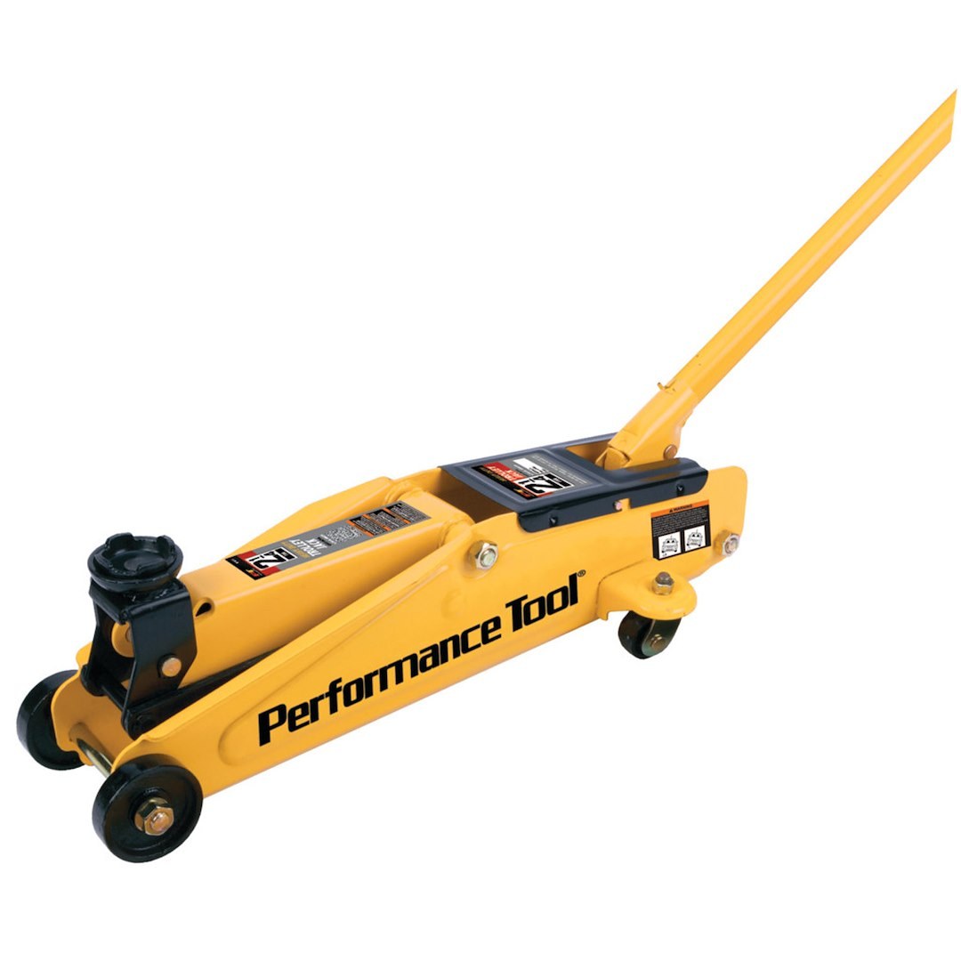 Performance Tool Jack, Floor Jack, Hydraulic, 4500 Pound Capacity, 5-3/8 to 15-1/8 Inch Lift Height, Yellow, With Molded Plastic Case – W1611