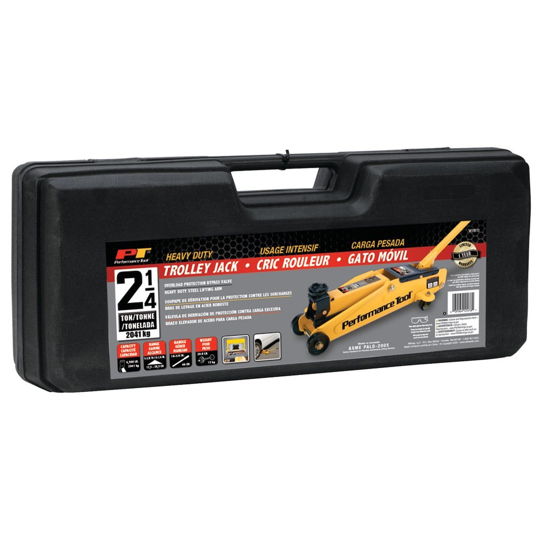 Performance Tool Jack, Floor Jack, Hydraulic, 4500 Pound Capacity, 5-3/8 to 15-1/8 Inch Lift Height, Yellow, With Molded Plastic Case – W1611