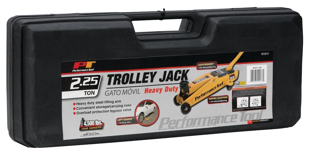 Performance Tool Jack, Floor Jack, Hydraulic, 4500 Pound Capacity, 5-3/8 to 15-1/8 Inch Lift Height, Yellow, With Molded Plastic Case – W1611