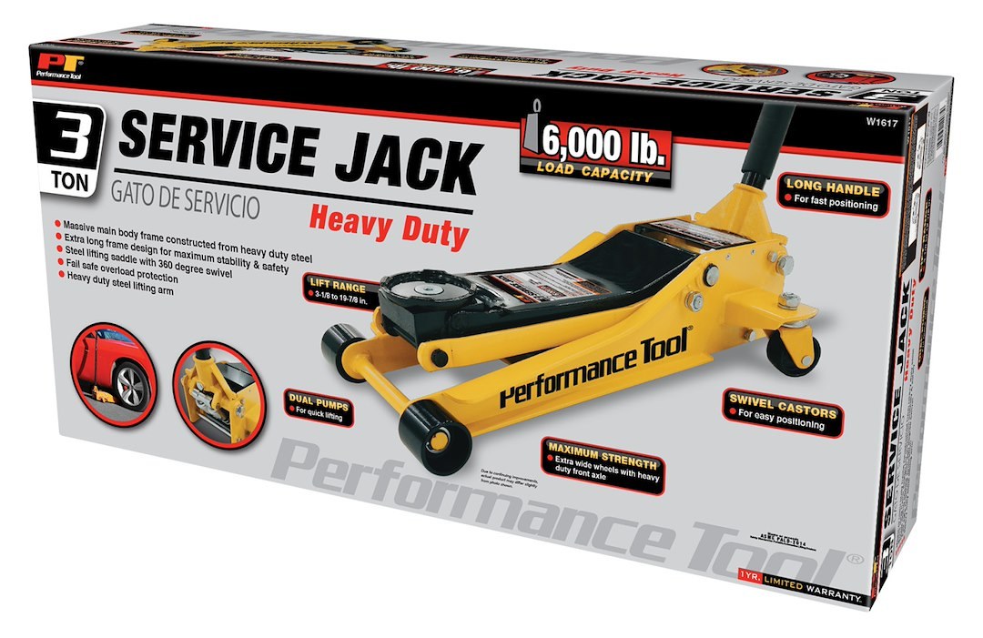 Performance Tool Jack, Floor Jack, Hydraulic, 6000 Pound Capacity, 19-7/8 Inch Max Lift Height, Yellow, Steel – W1617