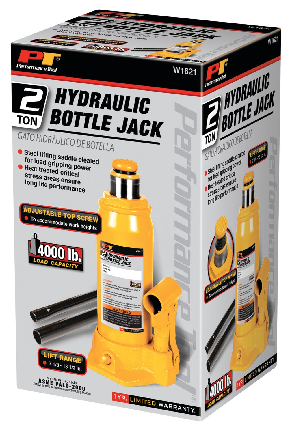 Performance Tool Jack, Bottle Jack, Hydraulic, 2 Ton Capacity, 7-1/8 to 13-1/2 Inch Lift Height, Yellow – W1621