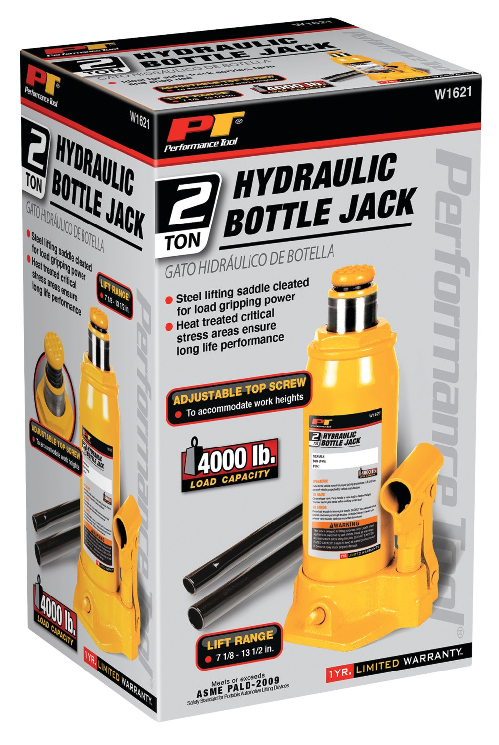 Performance Tool Jack, Bottle Jack, Hydraulic, 2 Ton Capacity, 7-1/8 to 13-1/2 Inch Lift Height, Yellow – W1621
