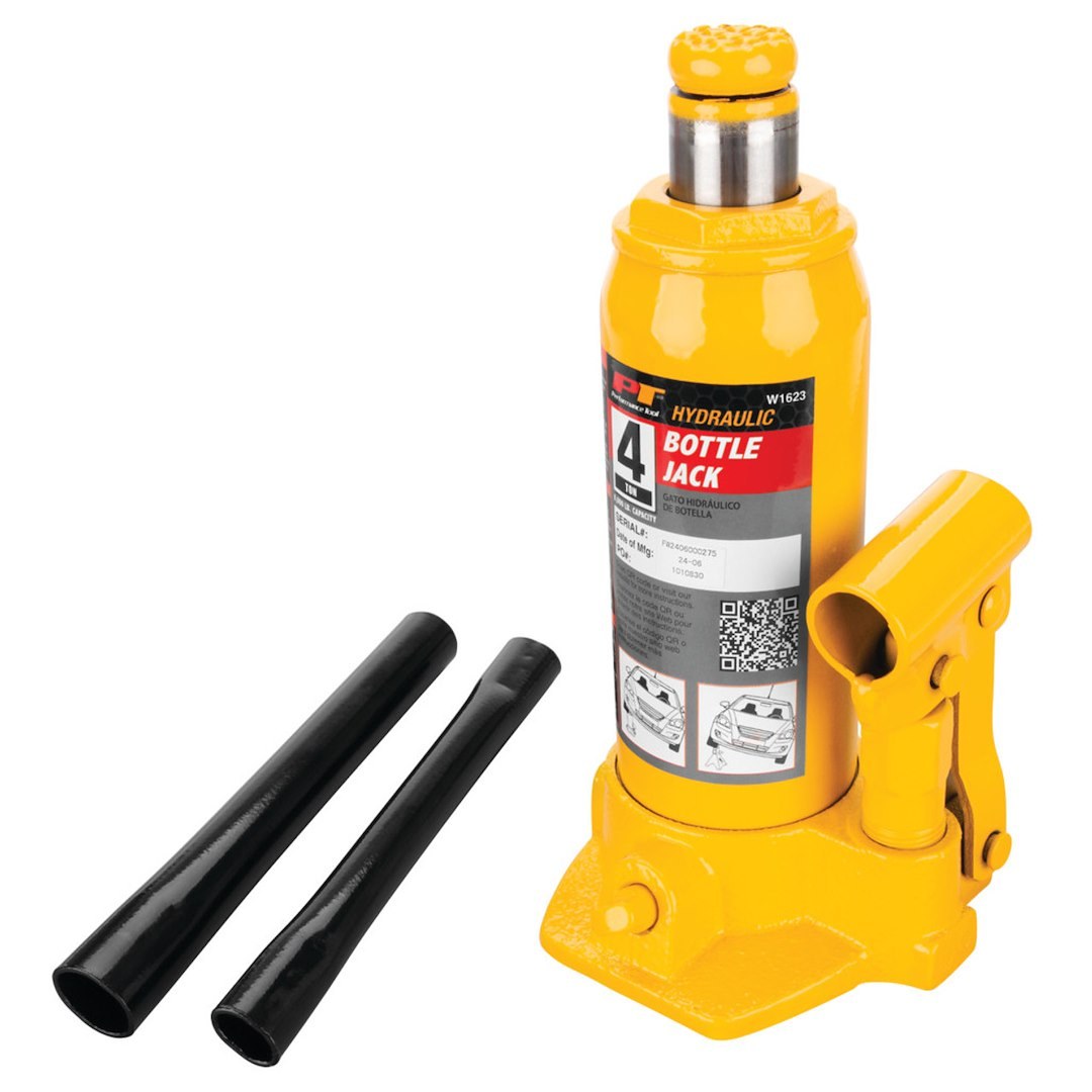 Performance Tool Jack, Bottle Jack, Hydraulic, 4 Ton Capacity, 7-5/8 to 14-5/8 Inch Lift Height, Yellow – W1623