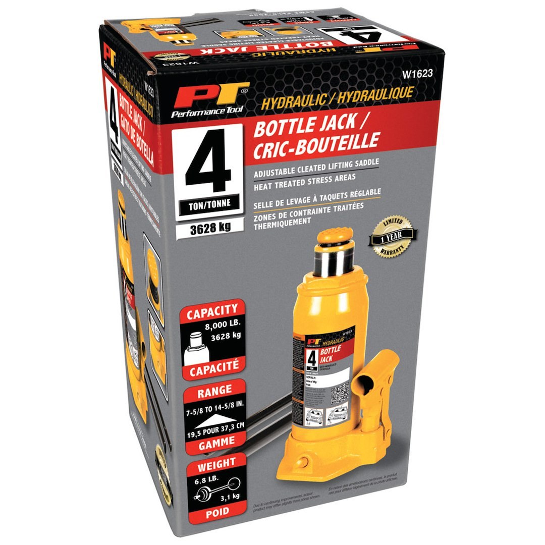 Performance Tool Jack, Bottle Jack, Hydraulic, 4 Ton Capacity, 7-5/8 to 14-5/8 Inch Lift Height, Yellow – W1623