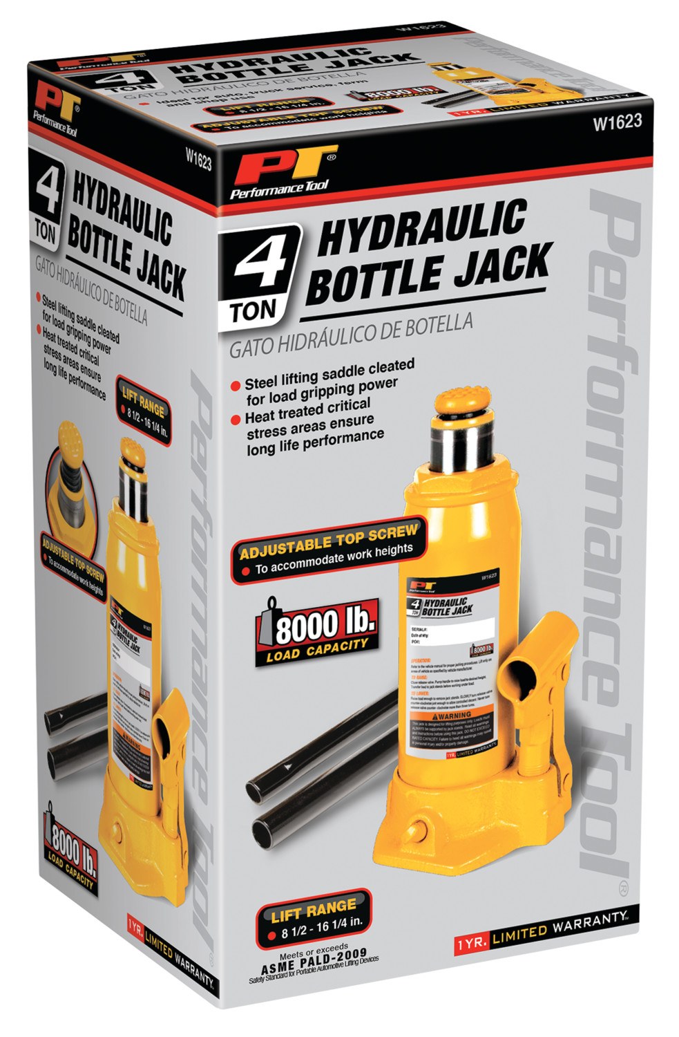 Performance Tool Jack, Bottle Jack, Hydraulic, 4 Ton Capacity, 7-5/8 to 14-5/8 Inch Lift Height, Yellow – W1623