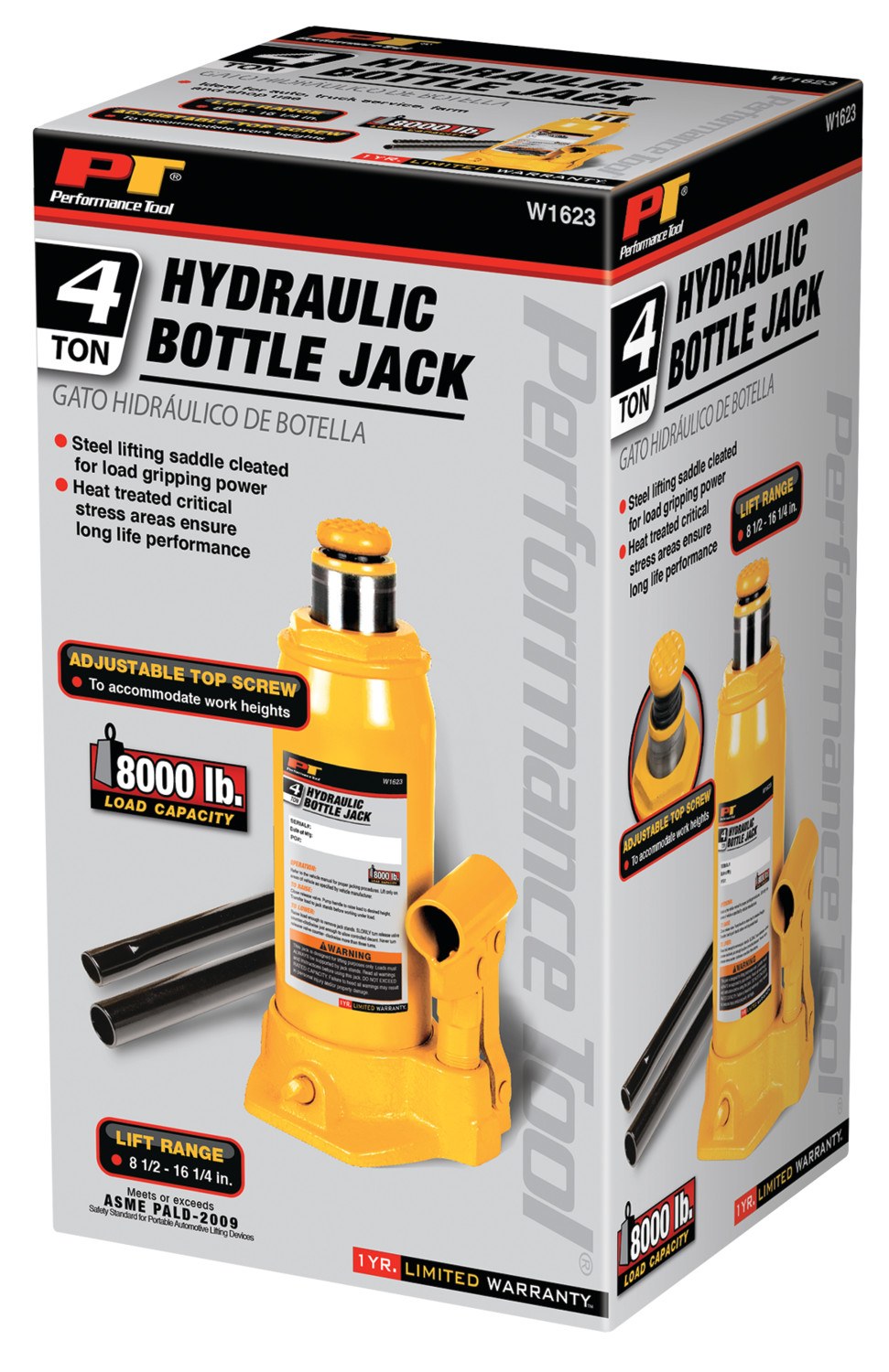 Performance Tool Jack, Bottle Jack, Hydraulic, 4 Ton Capacity, 7-5/8 to 14-5/8 Inch Lift Height, Yellow – W1623