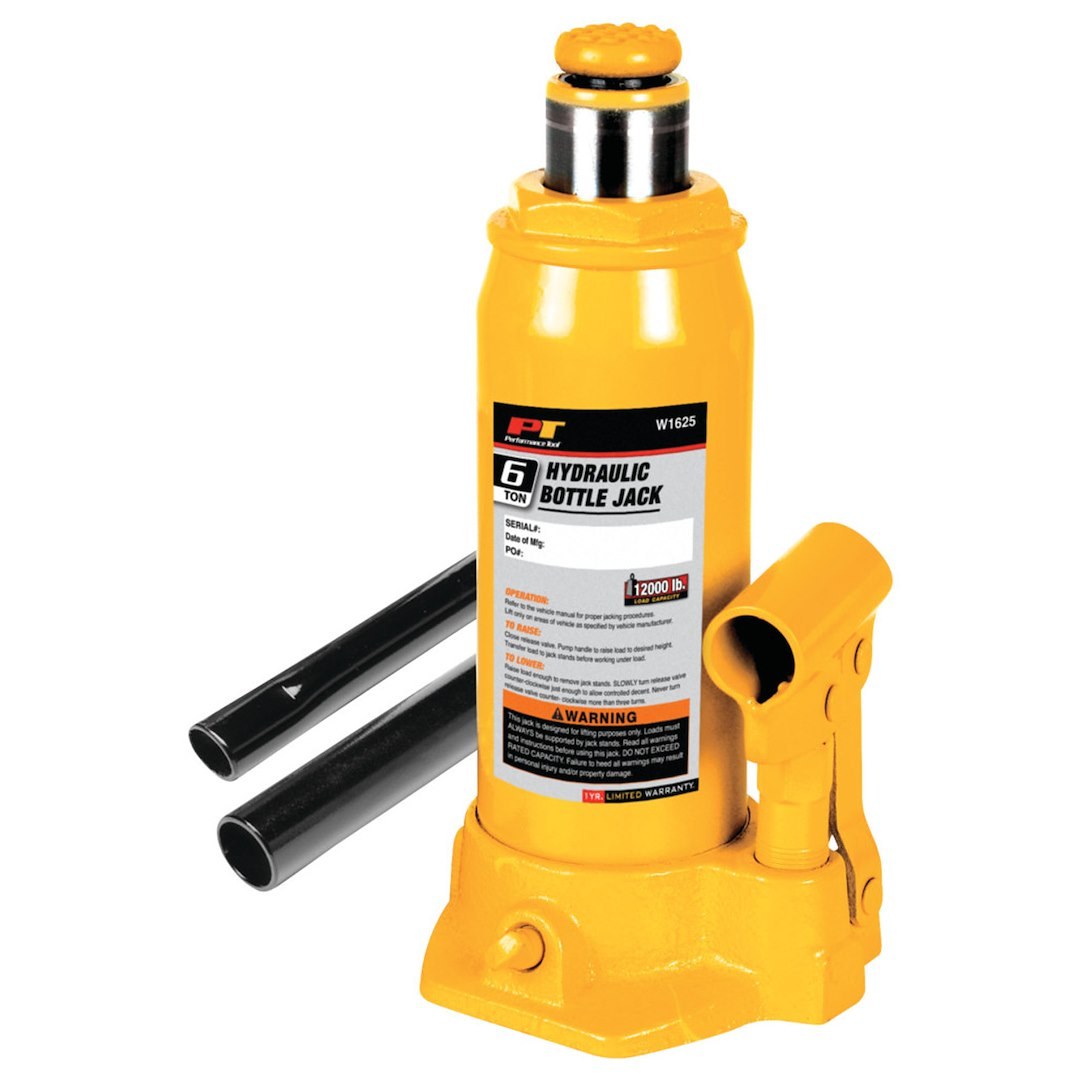 Performance Tool Jack, Bottle Jack, Hydraulic, 6 Ton Capacity, 8-1/2 to 16-1/4 Inch Lift Height, Yellow – W1625